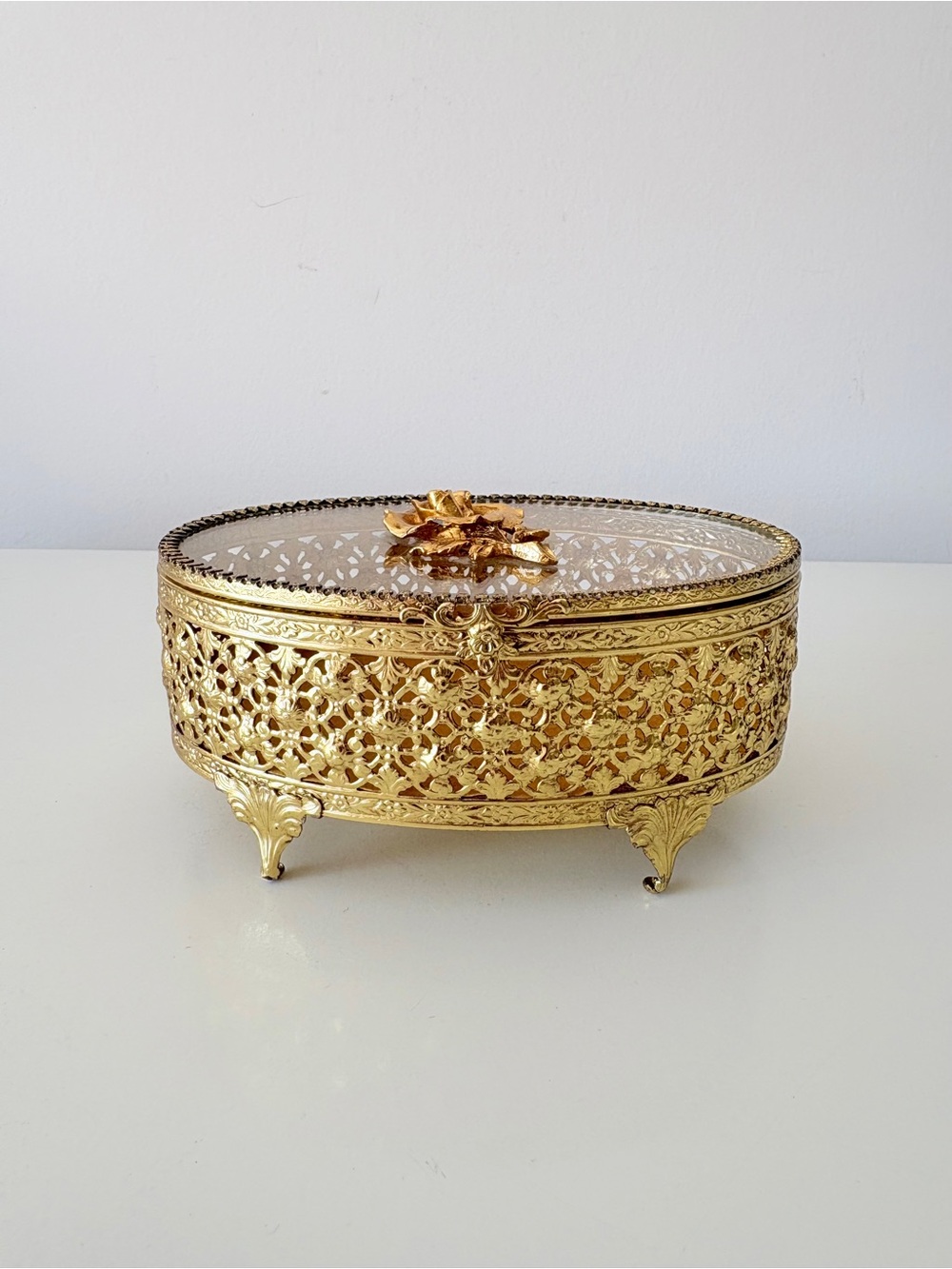 Vintage Gold Plated Filigree Trinket Box Glass Lid Velvet Lining Rose Accent